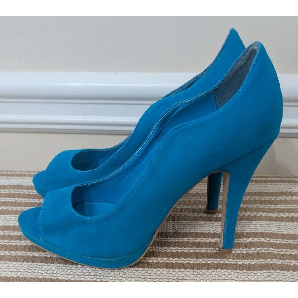 Charming Charlie Women Size 7.5 Vibrant Blue Faux Suede Peep Toe Platform Heels